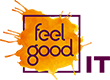 feelgood-IT Logo = ein Tropfen dessen Auslaeufer über den Rand eines Quadrates fliessen. Rechts daneben steht in grossen Buchstaben: IT